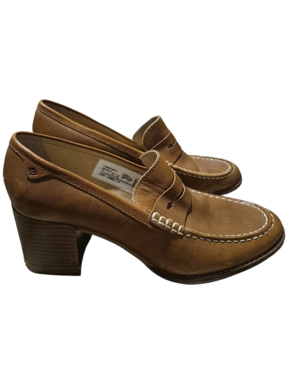 Sperry Womens Sz 9.5 Brown Leather Block Heel Penny Loafers